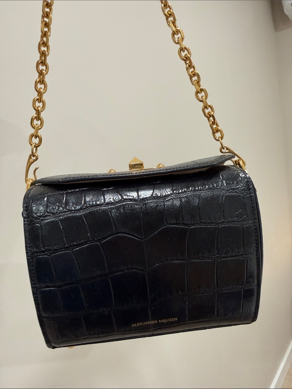 Alexander McQueen Black Croc-Embossed Crossbody with Gold Chain